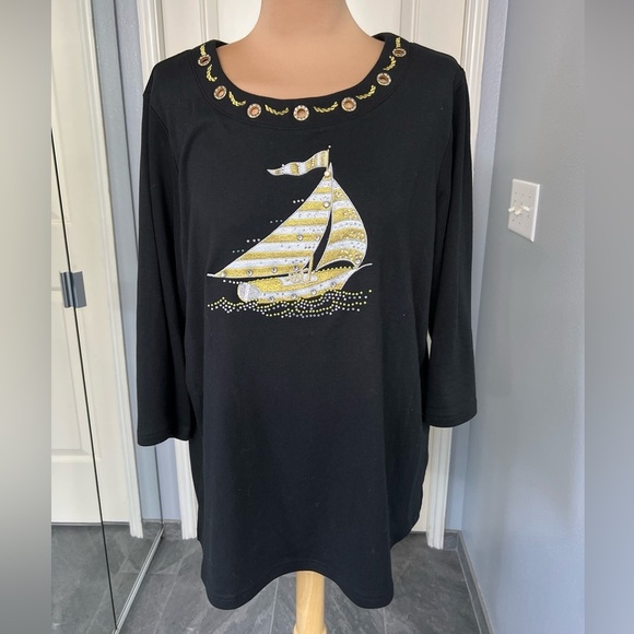 Quacker Factory Black & Gold Sailboat Embroidered 3/4 Sleeve Top - Picture 1 of 7